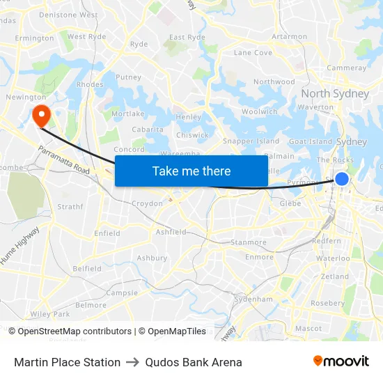 Martin Place Station to Qudos Bank Arena map
