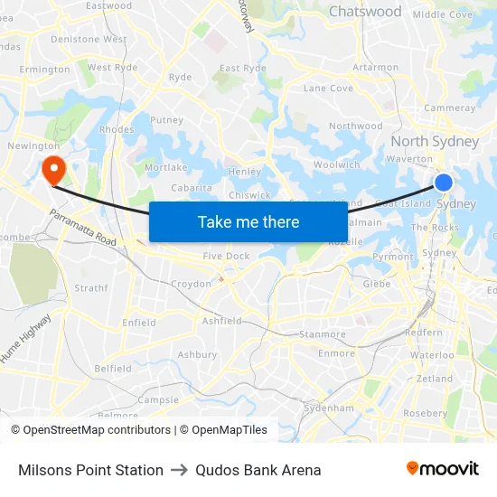 Milsons Point Station to Qudos Bank Arena map