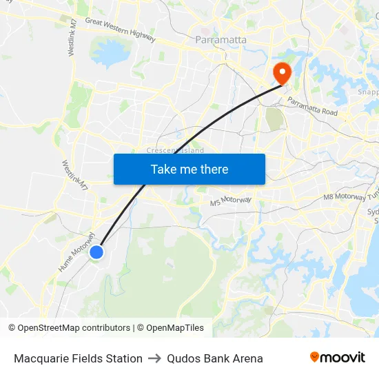 Macquarie Fields Station to Qudos Bank Arena map