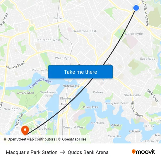 Macquarie Park Station to Qudos Bank Arena map