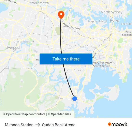 Miranda Station to Qudos Bank Arena map