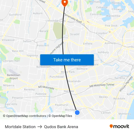 Mortdale Station to Qudos Bank Arena map