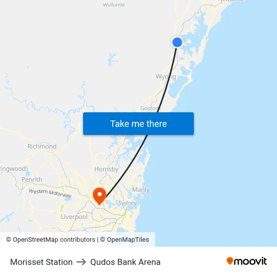 Morisset Station to Qudos Bank Arena map