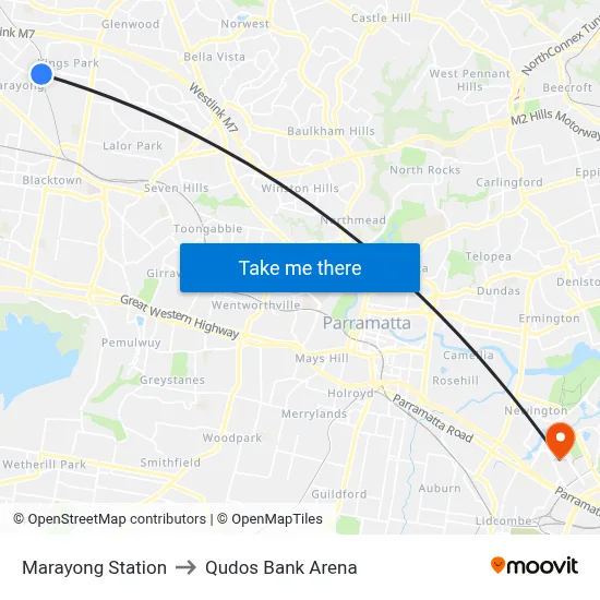 Marayong Station to Qudos Bank Arena map