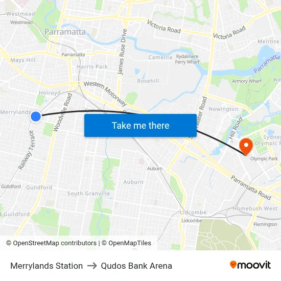 Merrylands Station to Qudos Bank Arena map