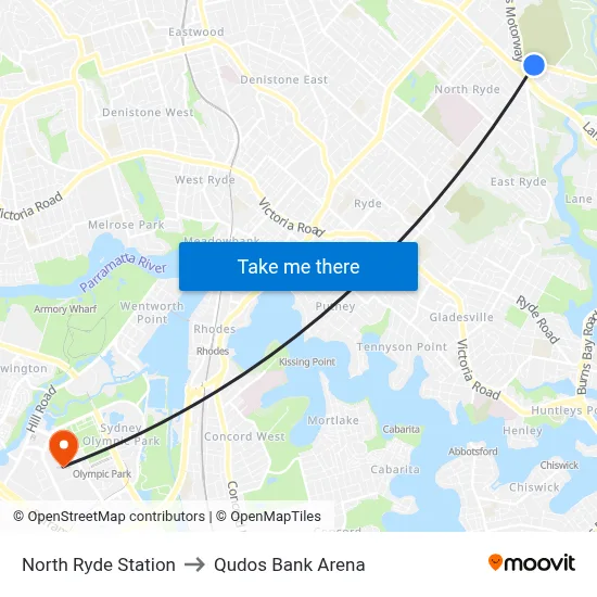 North Ryde Station to Qudos Bank Arena map