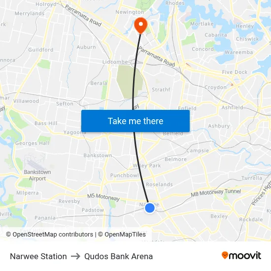 Narwee Station to Qudos Bank Arena map