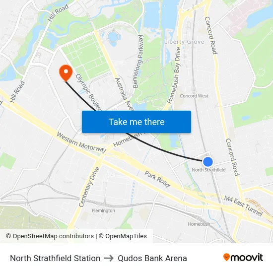 North Strathfield Station to Qudos Bank Arena map