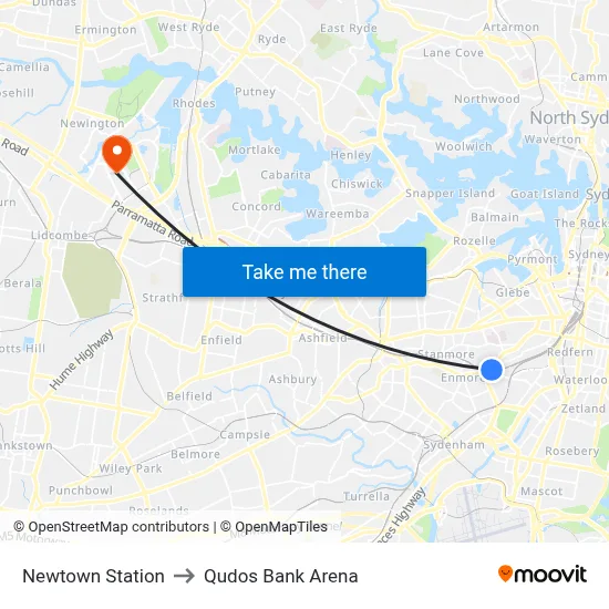 Newtown Station to Qudos Bank Arena map