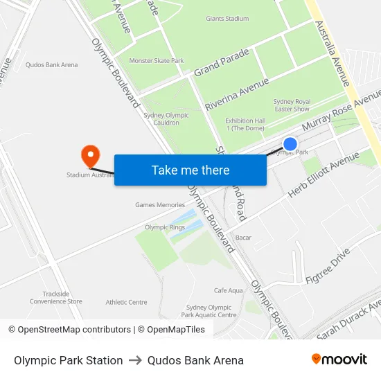 Olympic Park Station to Qudos Bank Arena map