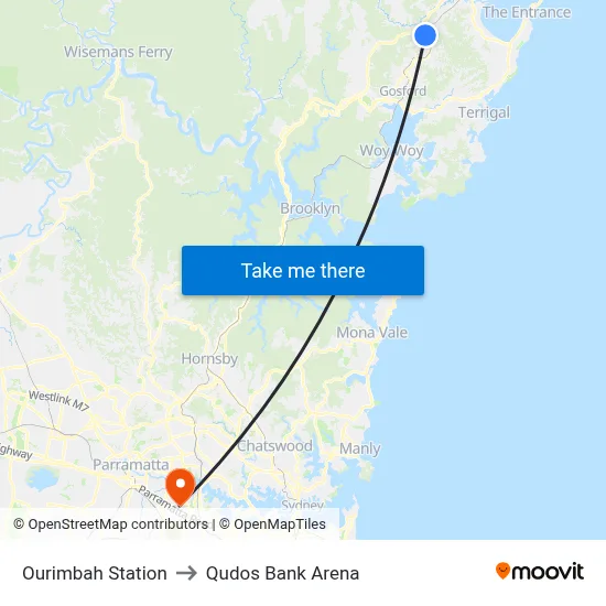 Ourimbah Station to Qudos Bank Arena map