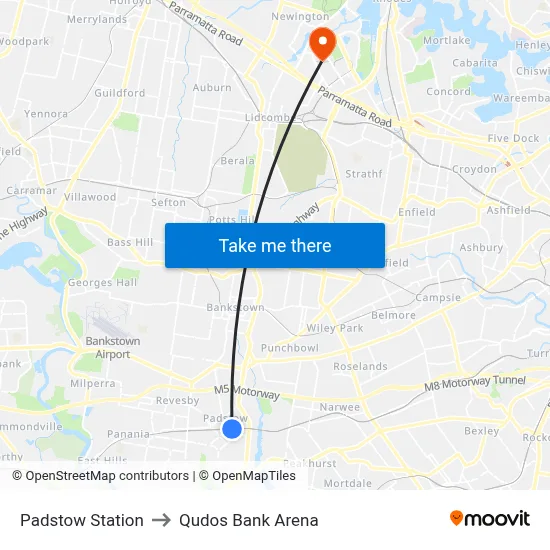 Padstow Station to Qudos Bank Arena map