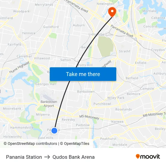 Panania Station to Qudos Bank Arena map