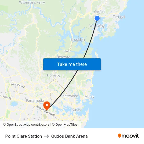 Point Clare Station to Qudos Bank Arena map
