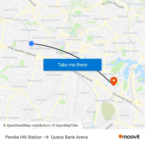 Pendle Hill Station to Qudos Bank Arena map