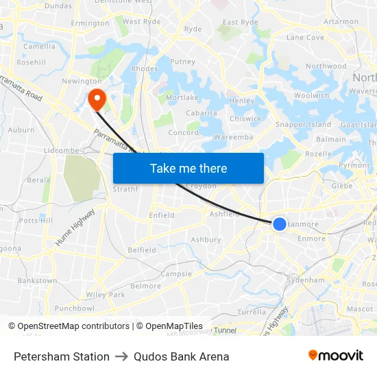 Petersham Station to Qudos Bank Arena map