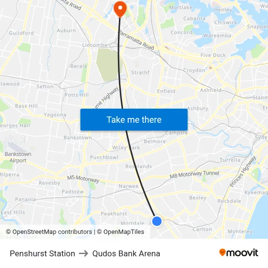 Penshurst Station to Qudos Bank Arena map
