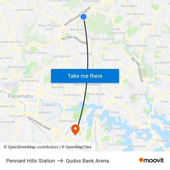 Pennant Hills Station to Qudos Bank Arena map