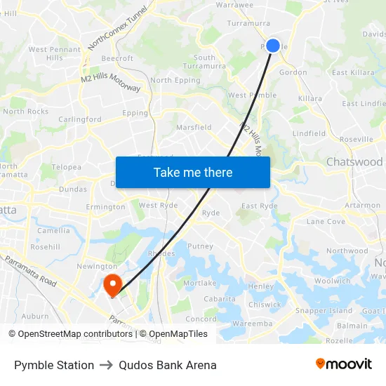 Pymble Station to Qudos Bank Arena map