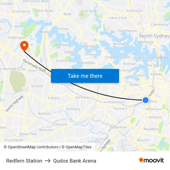 Redfern Station to Qudos Bank Arena map