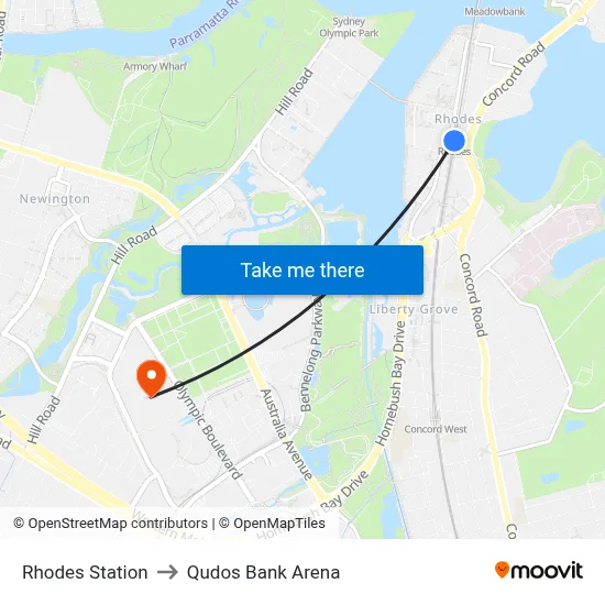 Rhodes Station to Qudos Bank Arena map