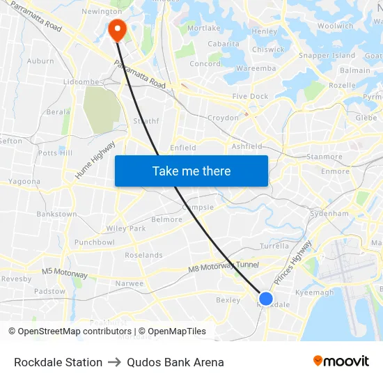 Rockdale Station to Qudos Bank Arena map