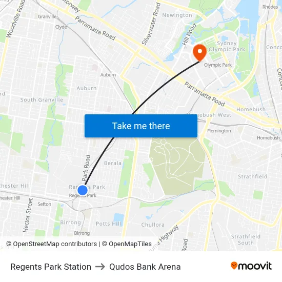 Regents Park Station to Qudos Bank Arena map