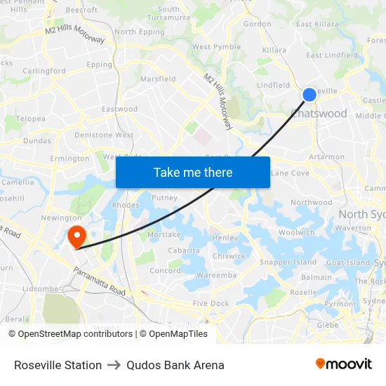 Roseville Station to Qudos Bank Arena map