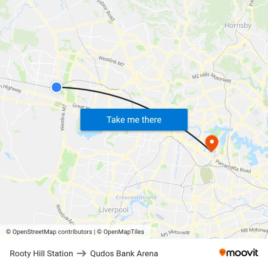 Rooty Hill Station to Qudos Bank Arena map