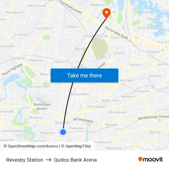 Revesby Station to Qudos Bank Arena map