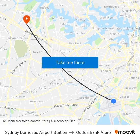 Sydney Domestic Airport Station to Qudos Bank Arena map