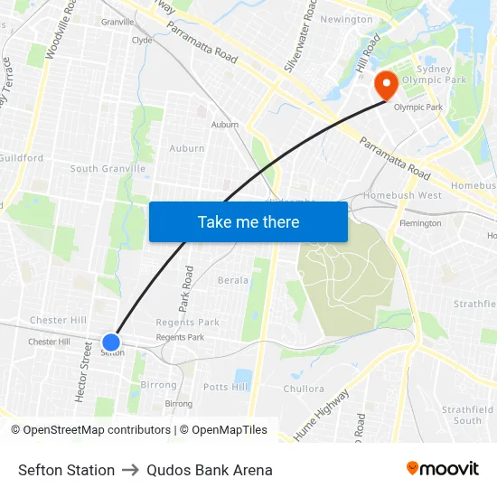 Sefton Station to Qudos Bank Arena map