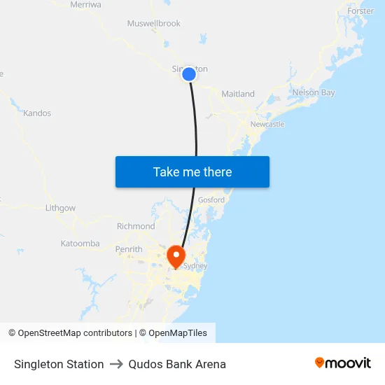 Singleton Station to Qudos Bank Arena map