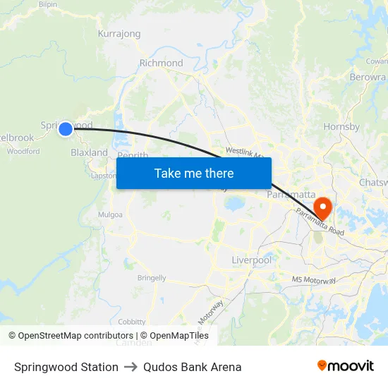 Springwood Station to Qudos Bank Arena map