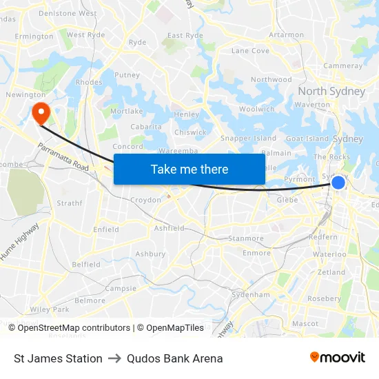 St James Station to Qudos Bank Arena map