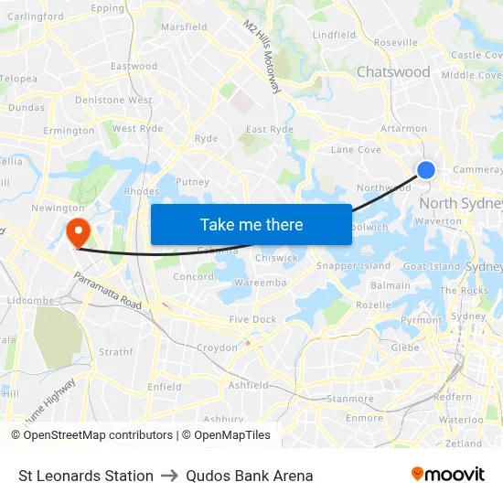 St Leonards Station to Qudos Bank Arena map