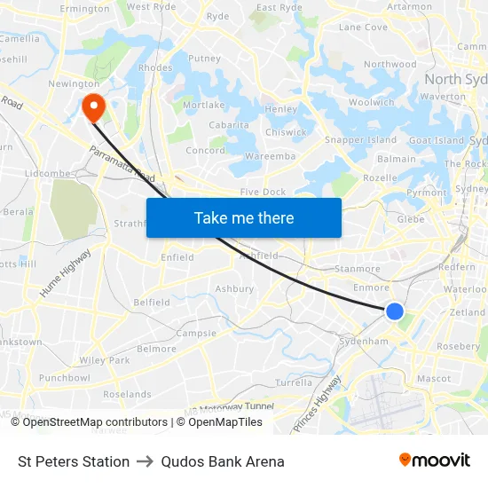 St Peters Station to Qudos Bank Arena map