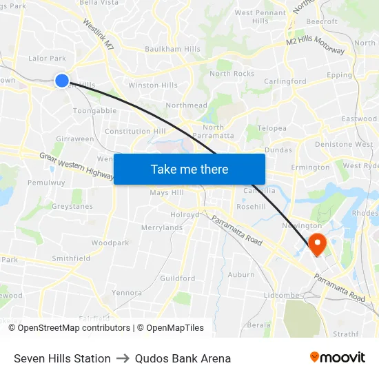Seven Hills Station to Qudos Bank Arena map