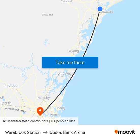 Warabrook Station to Qudos Bank Arena map