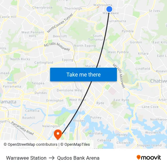Warrawee Station to Qudos Bank Arena map