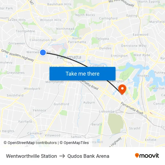 Wentworthville Station to Qudos Bank Arena map