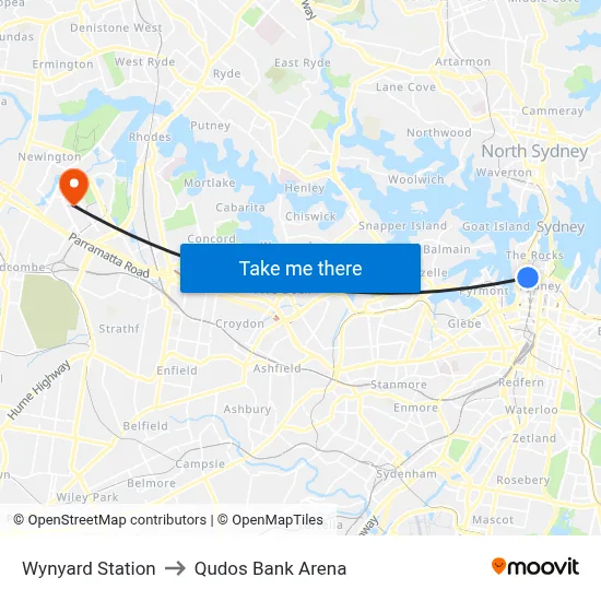 Wynyard Station to Qudos Bank Arena map
