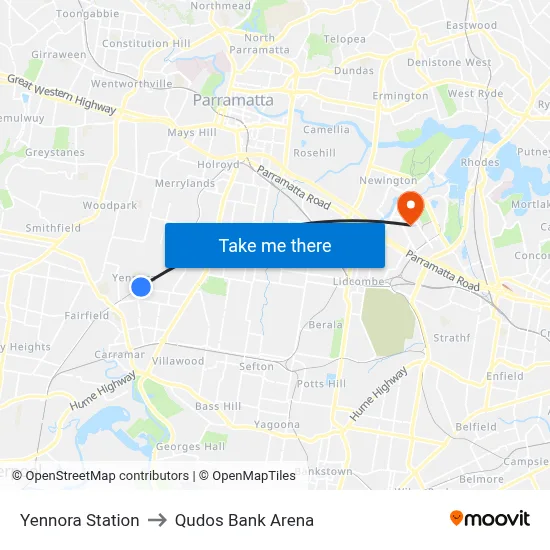 Yennora Station to Qudos Bank Arena map