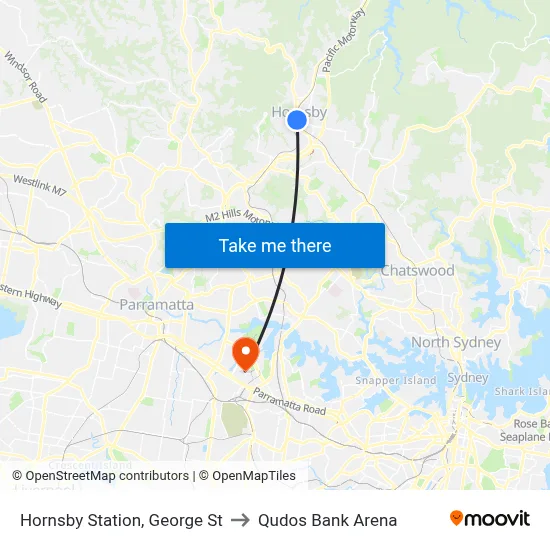 Hornsby Station, George St to Qudos Bank Arena map