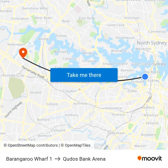 Barangaroo Wharf 1 to Qudos Bank Arena map