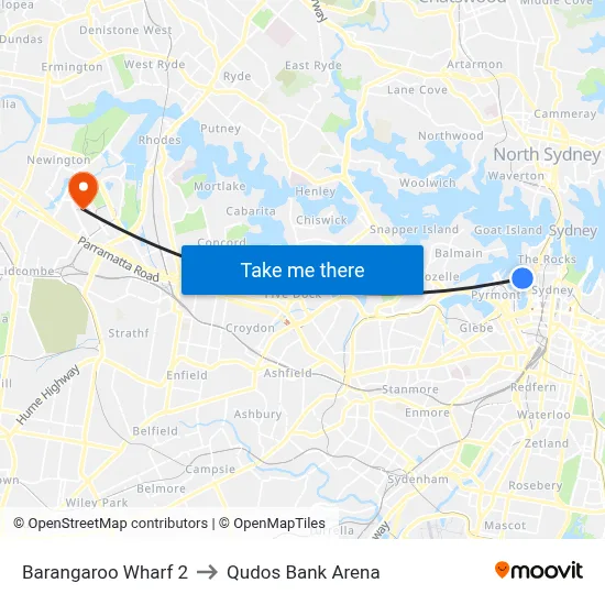 Barangaroo Wharf 2 to Qudos Bank Arena map