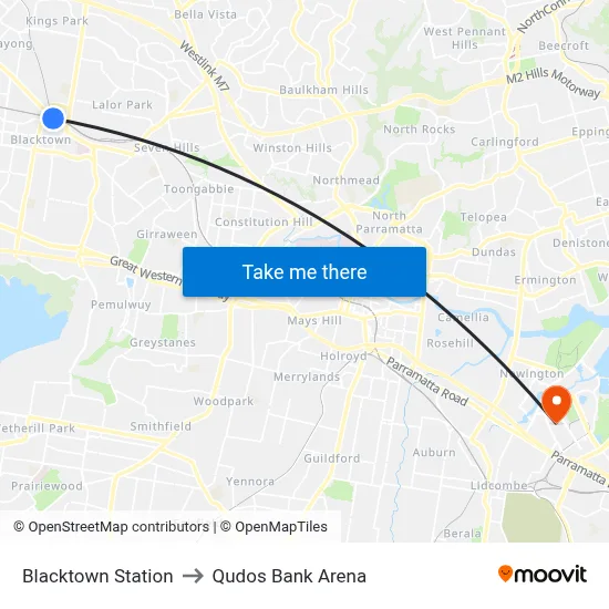 Blacktown Station to Qudos Bank Arena map