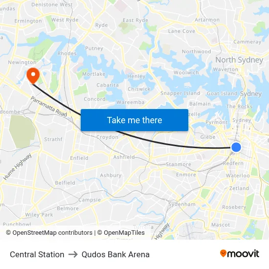 Central Station to Qudos Bank Arena map