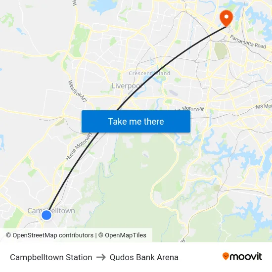 Campbelltown Station to Qudos Bank Arena map