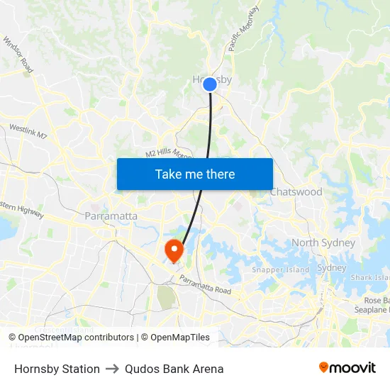 Hornsby Station to Qudos Bank Arena map